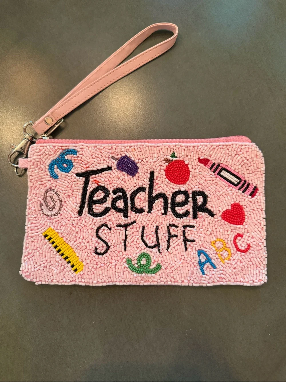 Beaded 'Teacher Stuff' Pouch in Pink